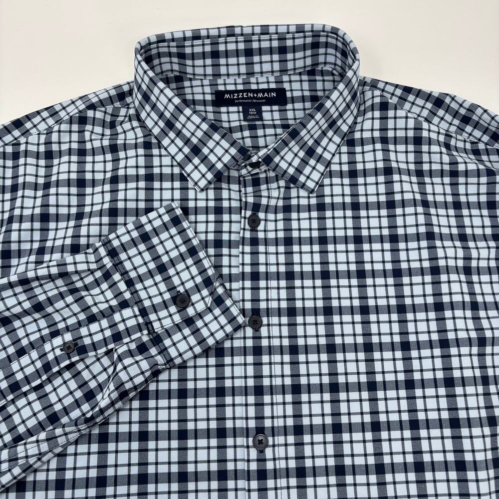 Mizzen & Main 2XL Trim Fit Blue Check Plaid Short Sleeve Button Up‎ Shirt